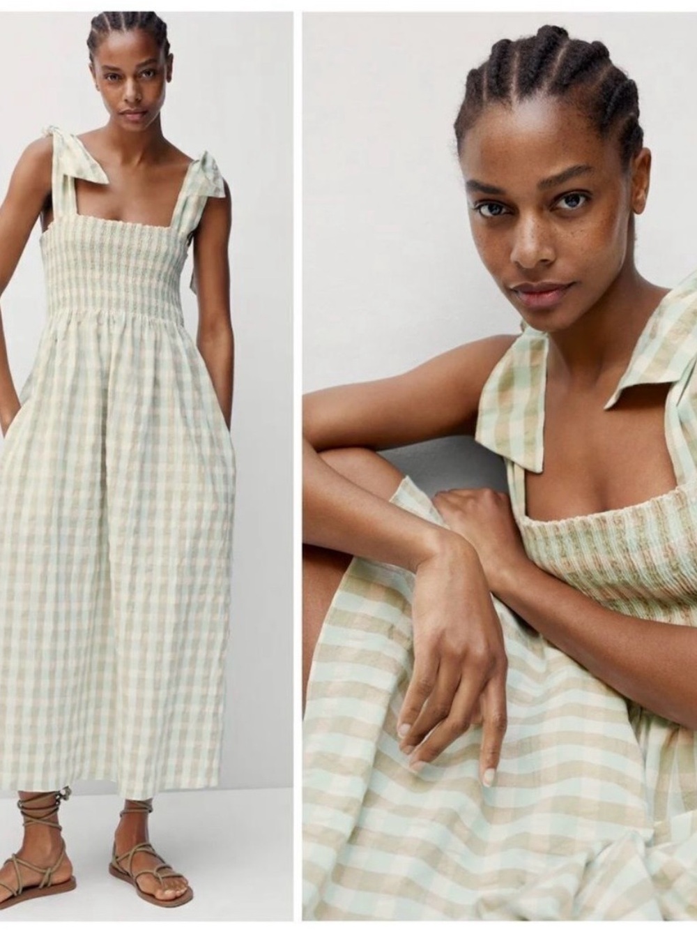 Mango Gingham Tie-Shoulder Maxi Dress in Sage & Cream